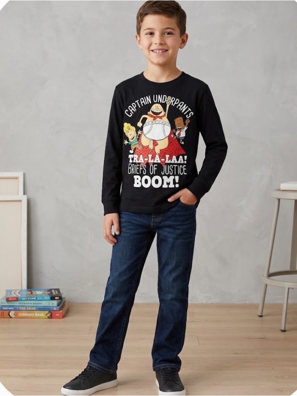 Dreamworks Captain Underpants Black Graphic Long-Sleeve Kids Shirt SZ S 8-10